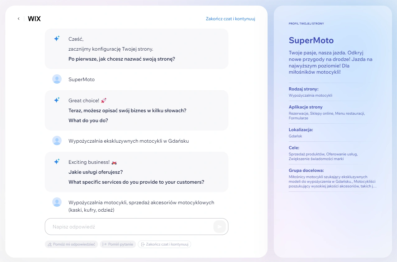 Wsparcie AI podczas tworzenia strony w Wix