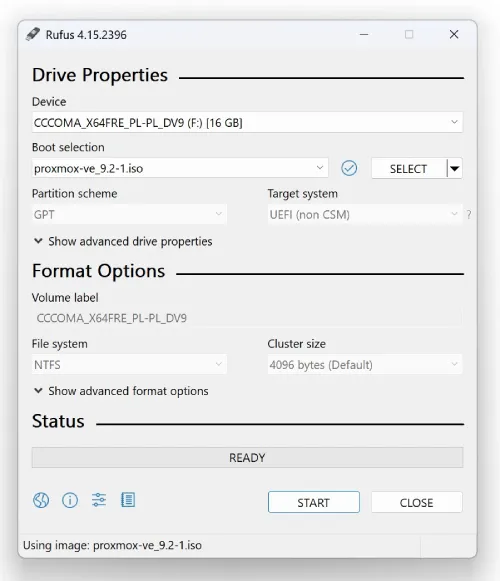 Przygotowanie pendrive z instalatorem Proxmox w Rufus