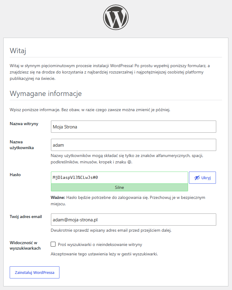 Instalator Wordpress - krok 2